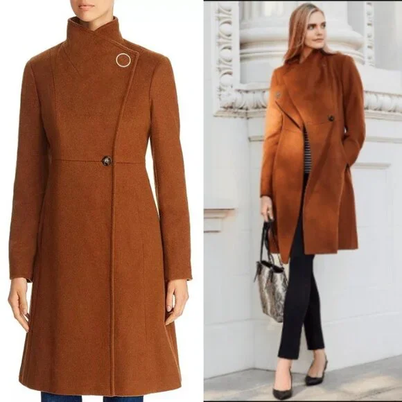 NWT Calvin Klein Asymmetrical Stand Collar Wool-Blend Coat Spice